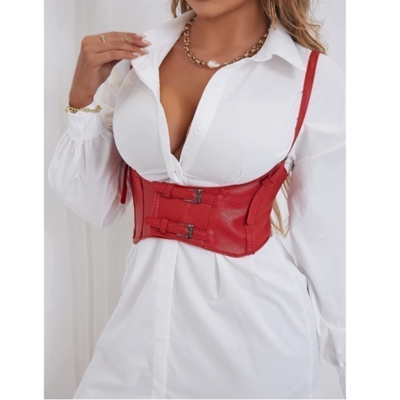Womens Sexy Steampunk Vegan Red Leather Bustier Underbust Waist Belt Corset - Picture 2 of 7